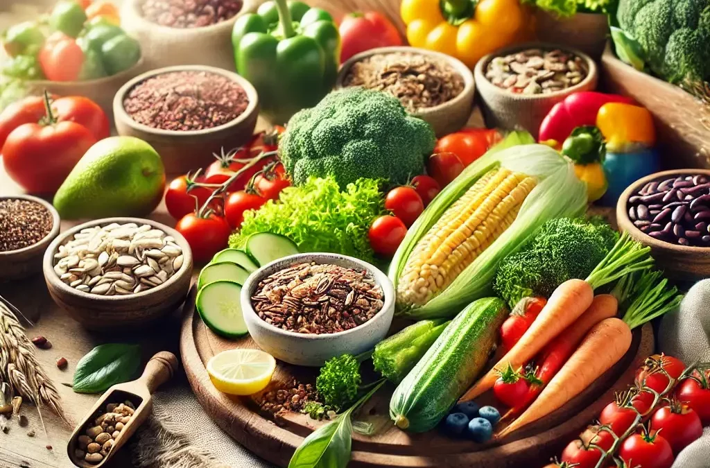 Assiette équilibrée avec des légumes frais, céréales complètes et sources de protéines naturelles, représentant une alimentation saine et naturelle