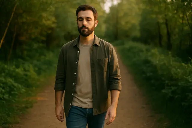 Homme pratiquant la marche en pleine conscience dans la nature – méditation en mouvement, calme et ancrage.