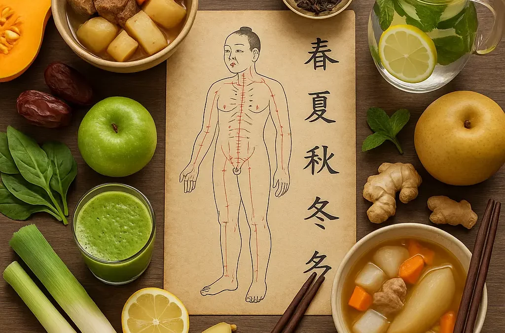 Aliments de saison disposés autour d’un schéma de la médecine traditionnelle chinoise, illustrant l’harmonie entre nature, énergie et nutrition.
