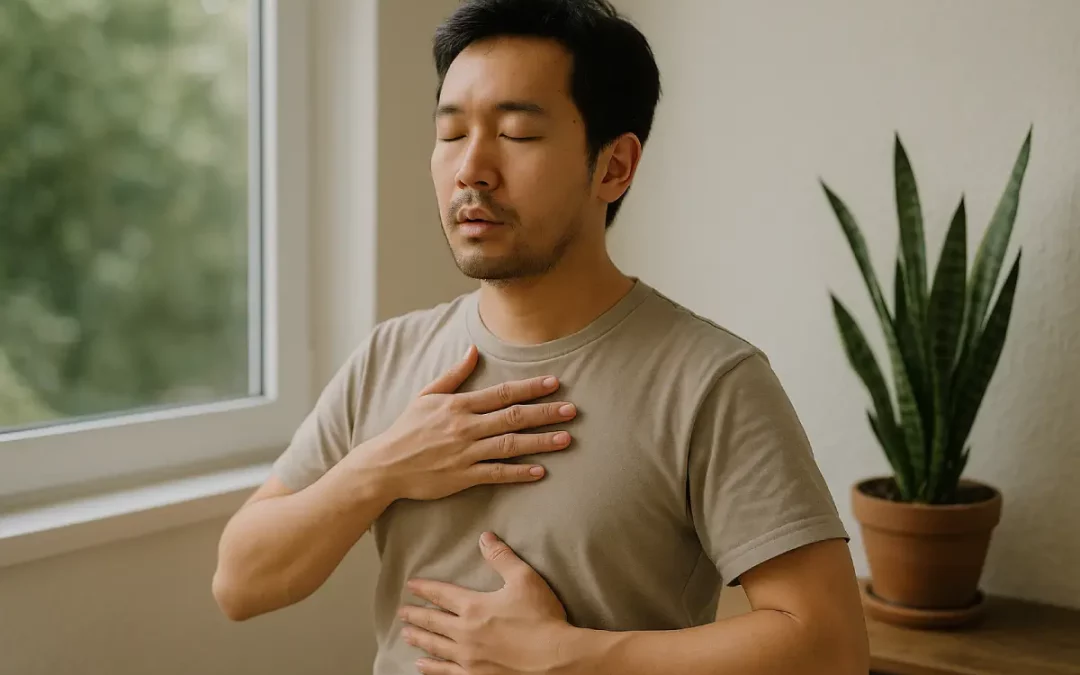 Homme en méditation pratiquant la respiration abdominale dans un cadre apaisan