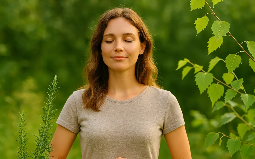 Jeune femme sereine entourée de verdure, représentant l’harmonie naturelle et la perte de poids douce