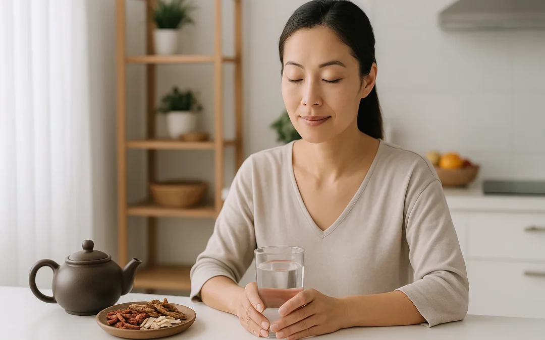 Femme asiatique assise dans une cuisine lumineuse, yeux fermés, tenant un verre d’eau, avec une théière et des plantes médicinales, illustrant un jeûne équilibré selon la médecine traditionnelle chinoise.