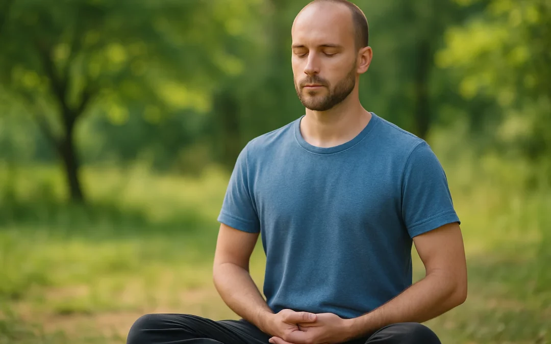 Homme méditant en pleine nature, posture assise et calme, symbolisant la force intérieure et la sérénité.