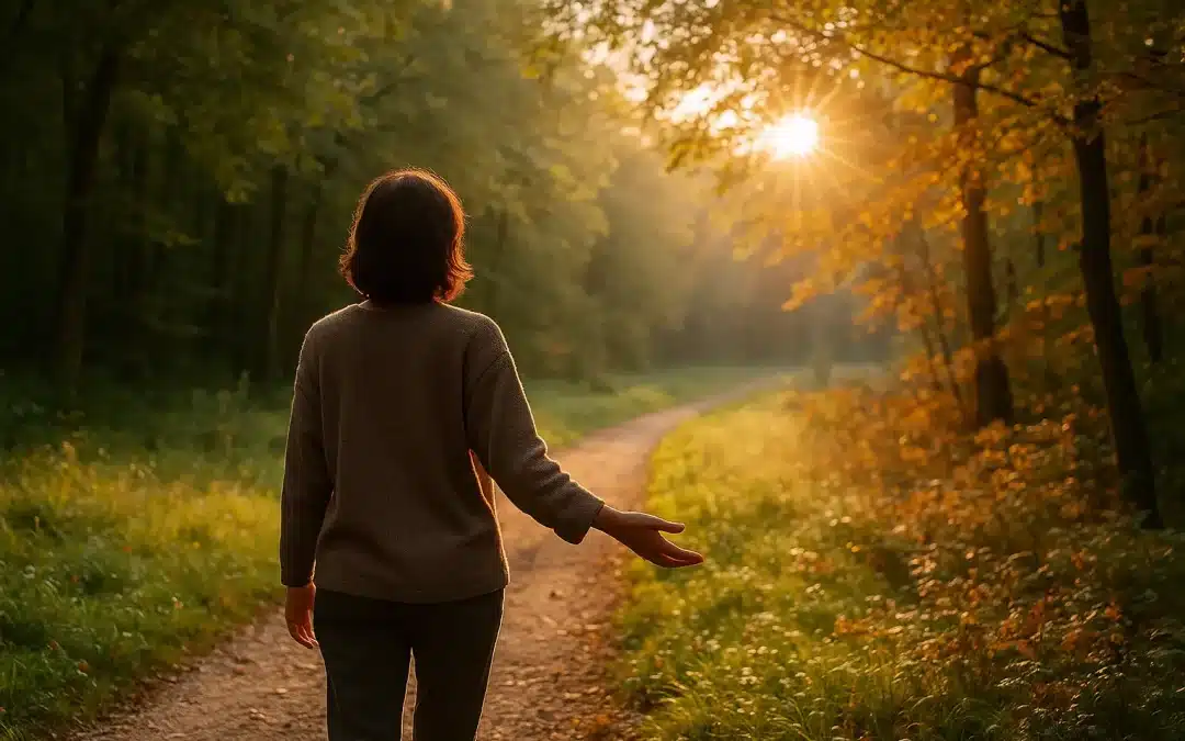 Personne marchant paisiblement dans un sentier forestier au coucher du soleil, lumière dorée et atmosphère calme évoquant la vitalité naturelle.