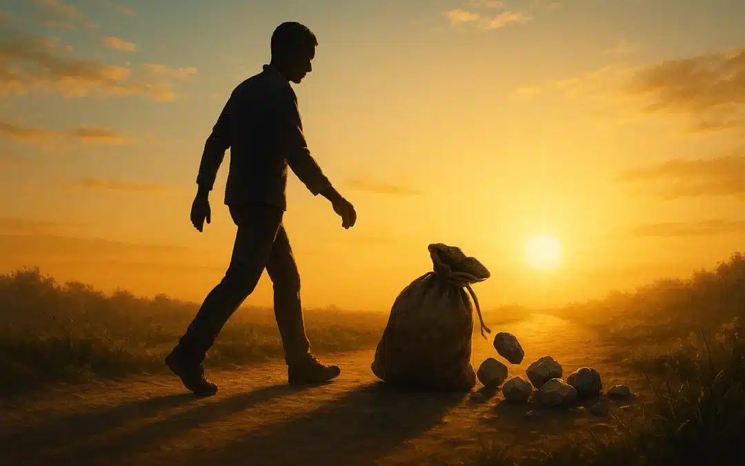 Silhouette d’une personne marchant sur un chemin lumineux au lever du soleil, laissant tomber un sac de pierres symbolisant la libération du passé.