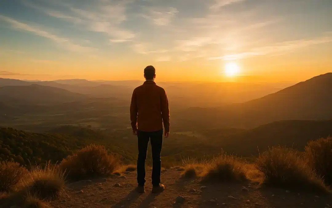 Une personne debout face au lever du soleil sur une montagne, symbolisant l’éveil de la conscience, la paix intérieure et la clarté spirituelle.