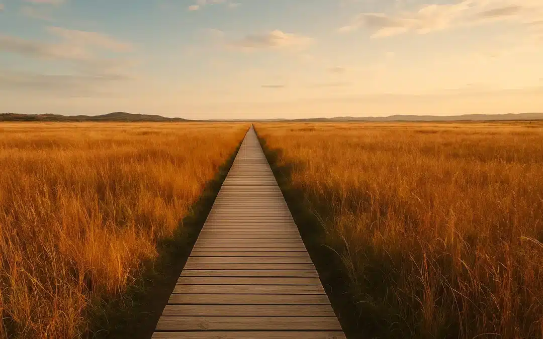 Chemin doré à travers une plaine lumineuse au lever du soleil symbolisant le renouveau, la liberté intérieure et la création d’un futur conscient.