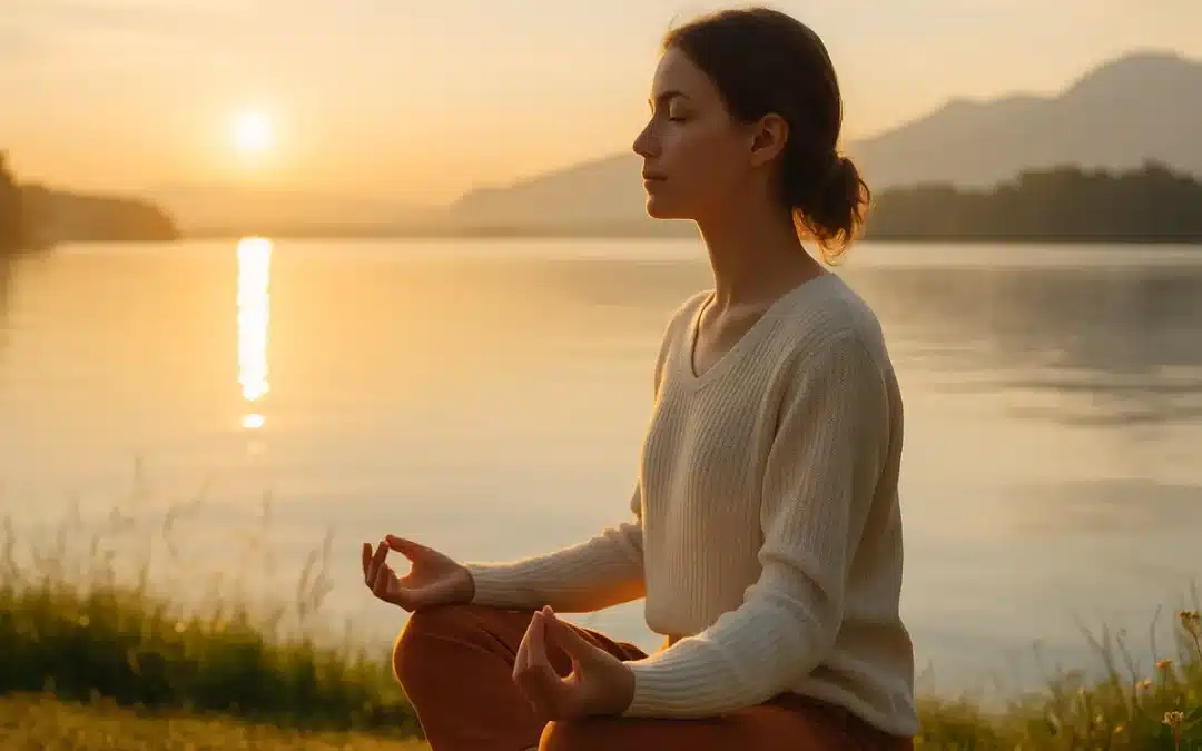 Femme méditant au lever du soleil au bord du lac Léman à Genève, symbole d’équilibre hormonal et de connexion à l’énergie féminine naturelle