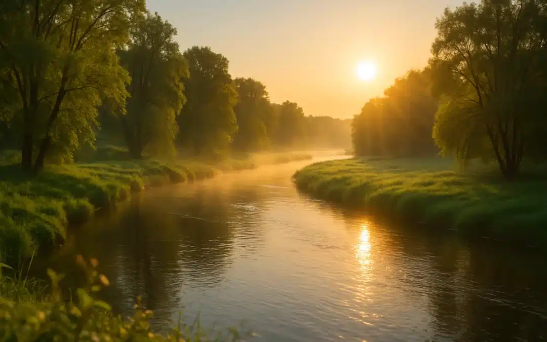 Rivière paisible au lever du soleil symbolisant le lâcher-prise et la fluidité de la vie