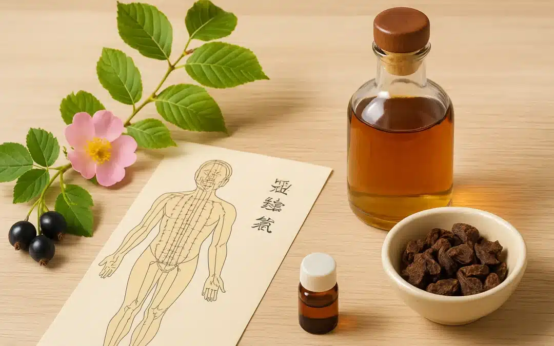 Illustration réaliste d’une approche naturelle de la fatigue persistante : médecine chinoise, gemmothérapie et homéopathie réunies pour rétablir le Qi et la vitalité.