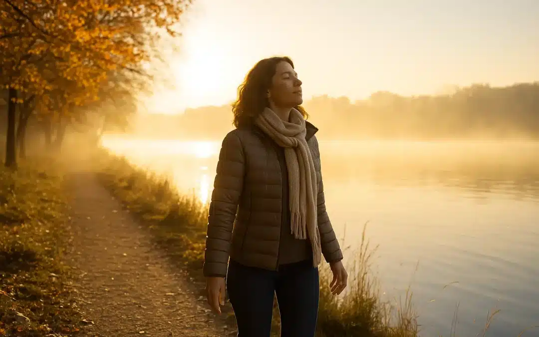 Femme marchant au bord du lac Léman à Genève un matin d’automne, respirant profondément dans la lumière dorée, symbole du renforcement de l’énergie défensive (Wei Qi) et de la santé naturelle.