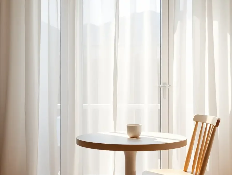 Intérieur minimaliste baigné de lumière avec table en bois clair, tasse en céramique et chaise vide devant une grande fenêtre