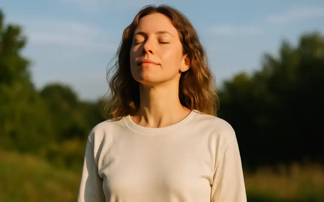 Femme apaisée respirant profondément au lever du soleil à Genève, lumière naturelle et atmosphère de calme intérieur.