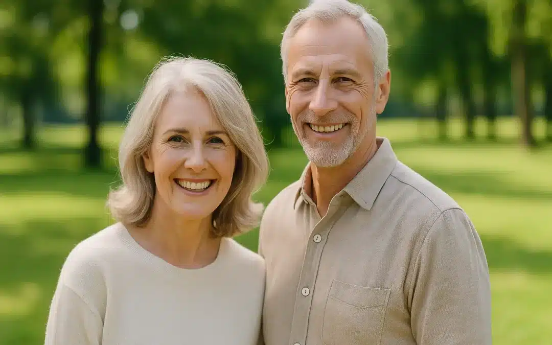 Couple souriant de plus de 50 ans profitant d’une promenade lumineuse dans un parc à Genève, symbole de vitalité et de bien-être naturel.