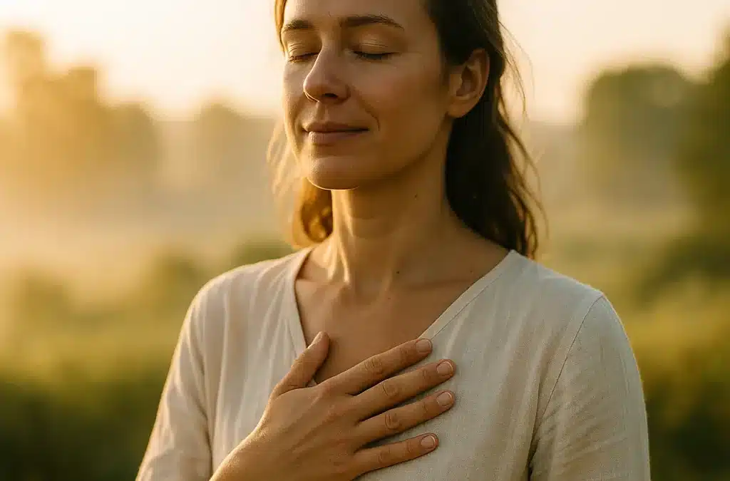 Femme debout face à la lumière du matin, main sur le cœur, symbole d’acceptation et de paix intérieure, dans un paysage naturel lumineux.