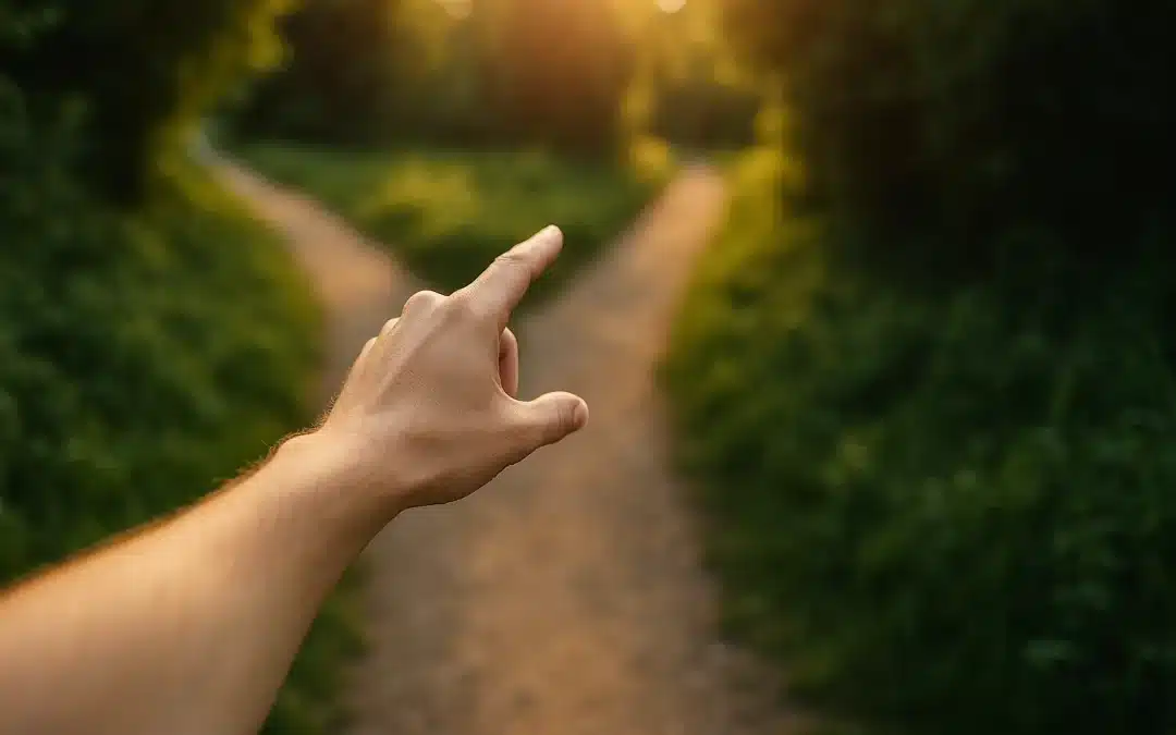 Une main tendue devant un chemin qui se divise en deux, symbolisant la conscience du choix et les bifurcations intérieures de la vie