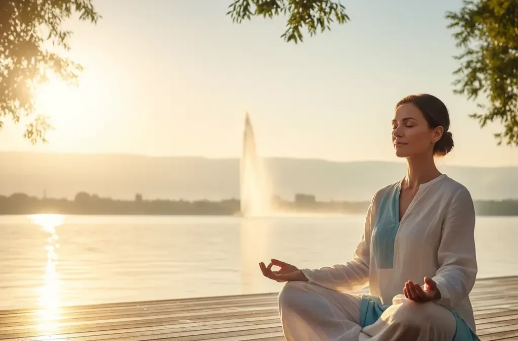 Femme méditant sur une terrasse au lever du soleil face au lac Léman et au jet d’eau de Genève, paumes ouvertes vers le ciel, symbole de réceptivité, de gratitude et de paix intérieure.