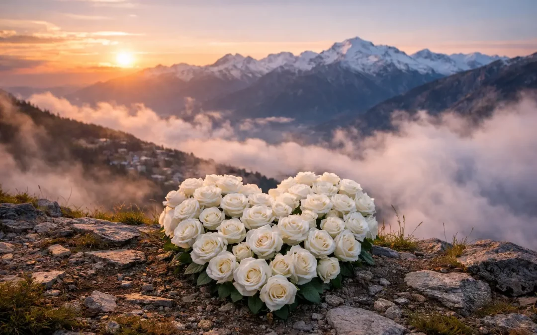 Cœur formé de roses blanches symbolisant le deuil, la présence et la mémoire après l’incendie de Crans-Montana