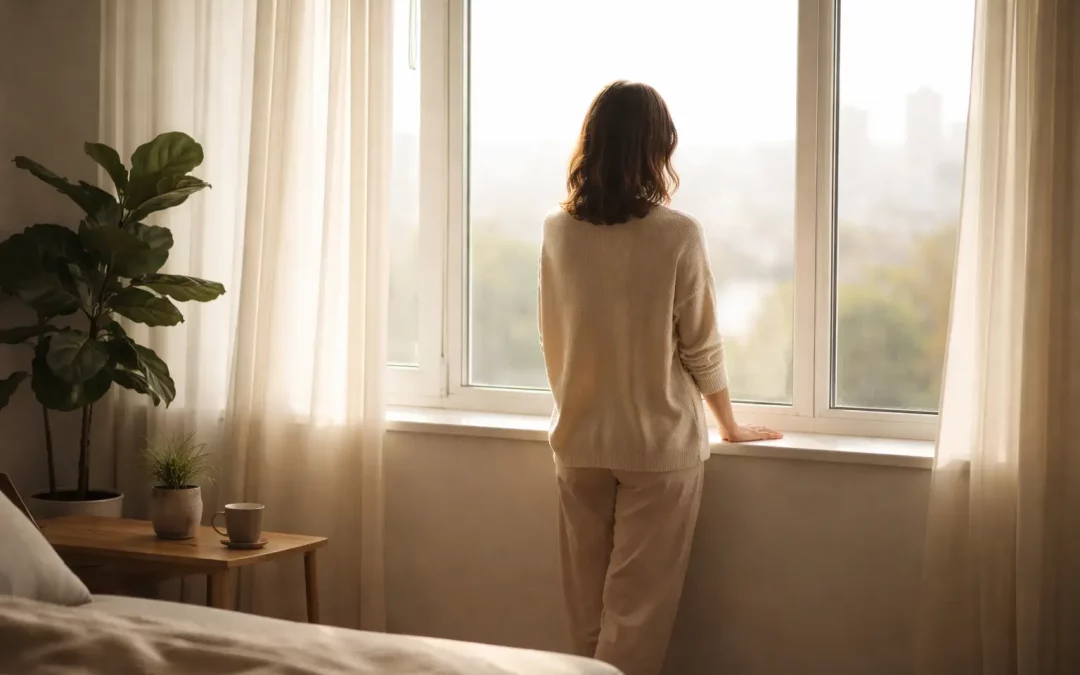 Personne immobile près d’une fenêtre, lumière naturelle douce, moment d’introspection intérieure et de remise en question des injonctions sociétales