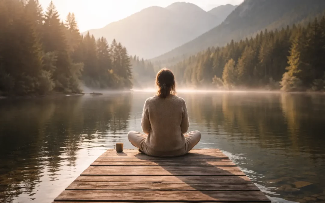 Personne assise face à un lac calme au lever du jour, symbolisant le tri existentiel, la clarté intérieure et le fait de dire non à l’encombrement de la vie.