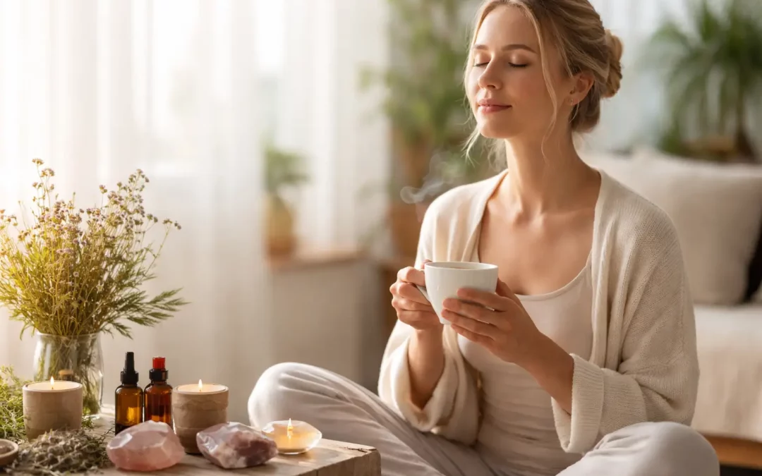 Femme assise calmement dans un intérieur lumineux, respirant profondément avec une tisane, symbolisant la régulation émotionnelle et la santé naturelle