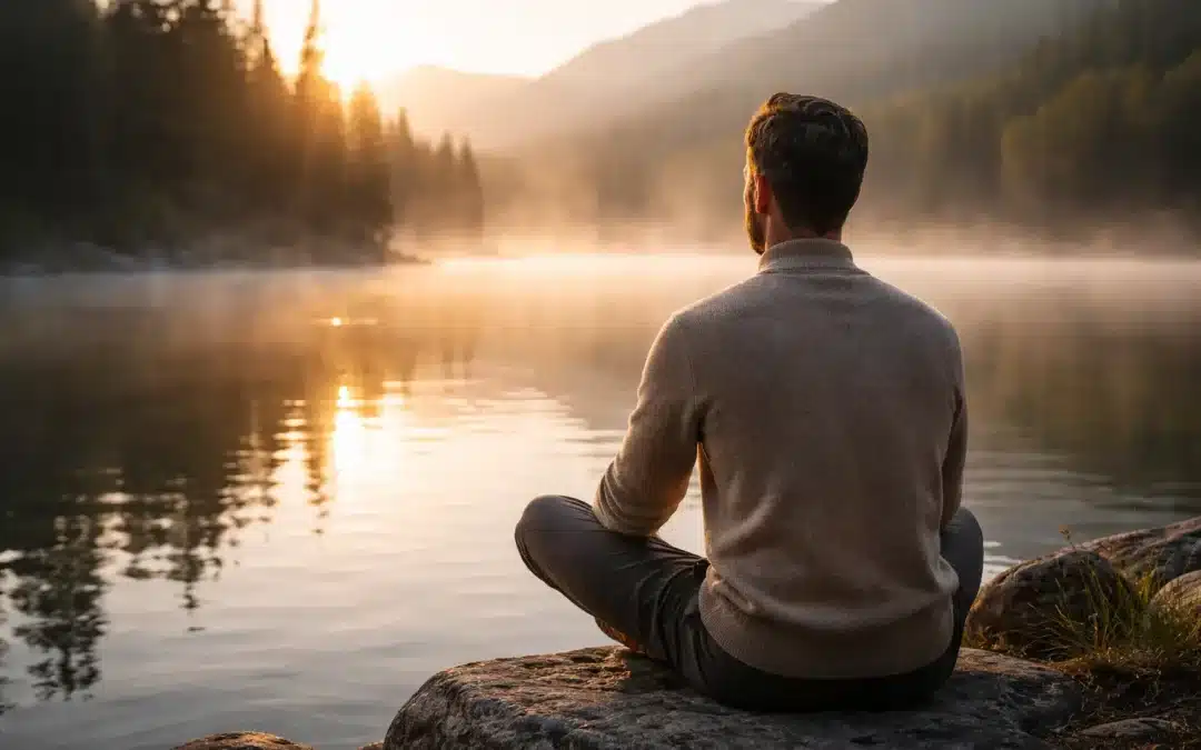 Homme assis en silence face à un lac au lever du soleil, illustrant le non-savoir, le silence intérieur et la présence consciente