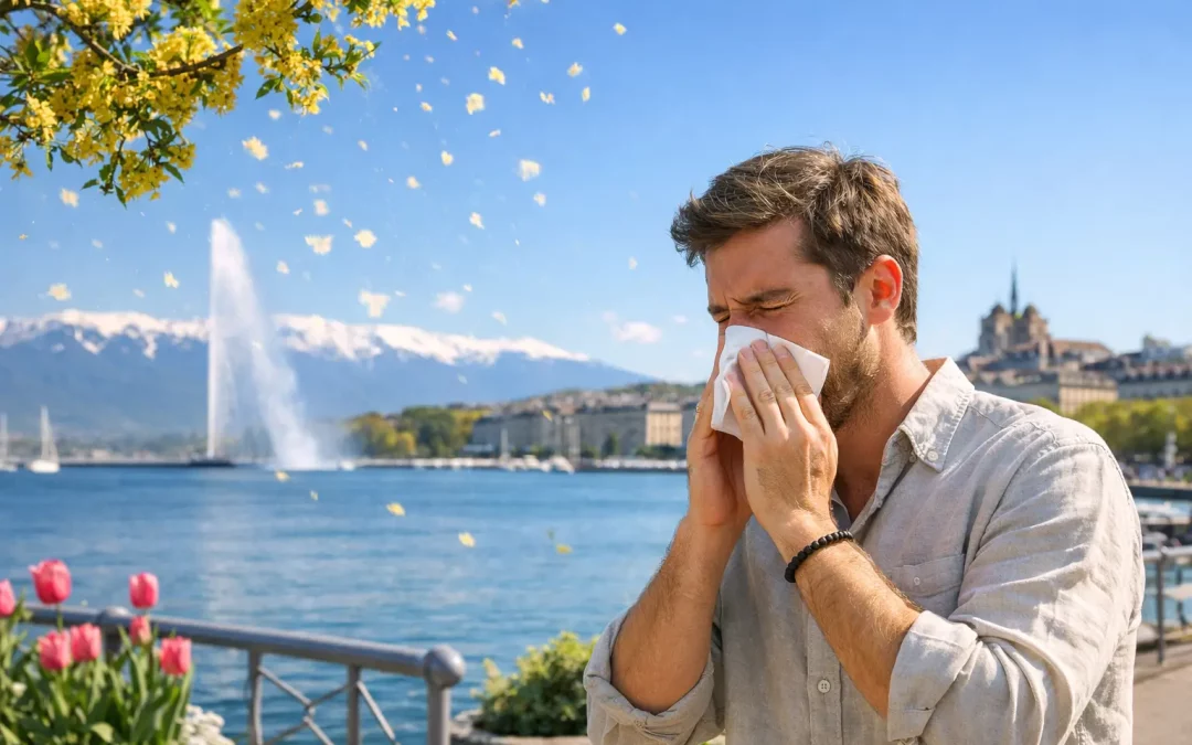 Homme souffrant d’allergies saisonnières au bord du lac Léman à Genève au printemps, illustrant le besoin d’un traitement naturel pour renforcer le terrain immunitaire.