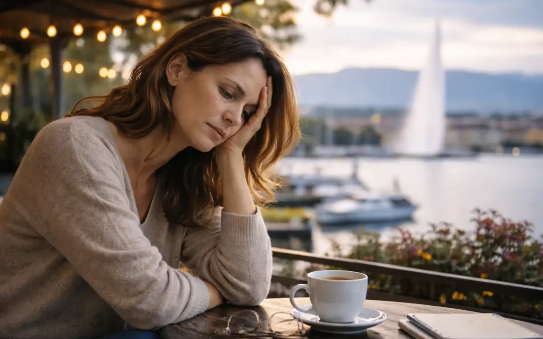Femme assise en terrasse face au lac Léman à Genève semblant fatiguée et réfléchissant, illustrant la fatigue persistante et la charge mentale chez certaines femmes responsables