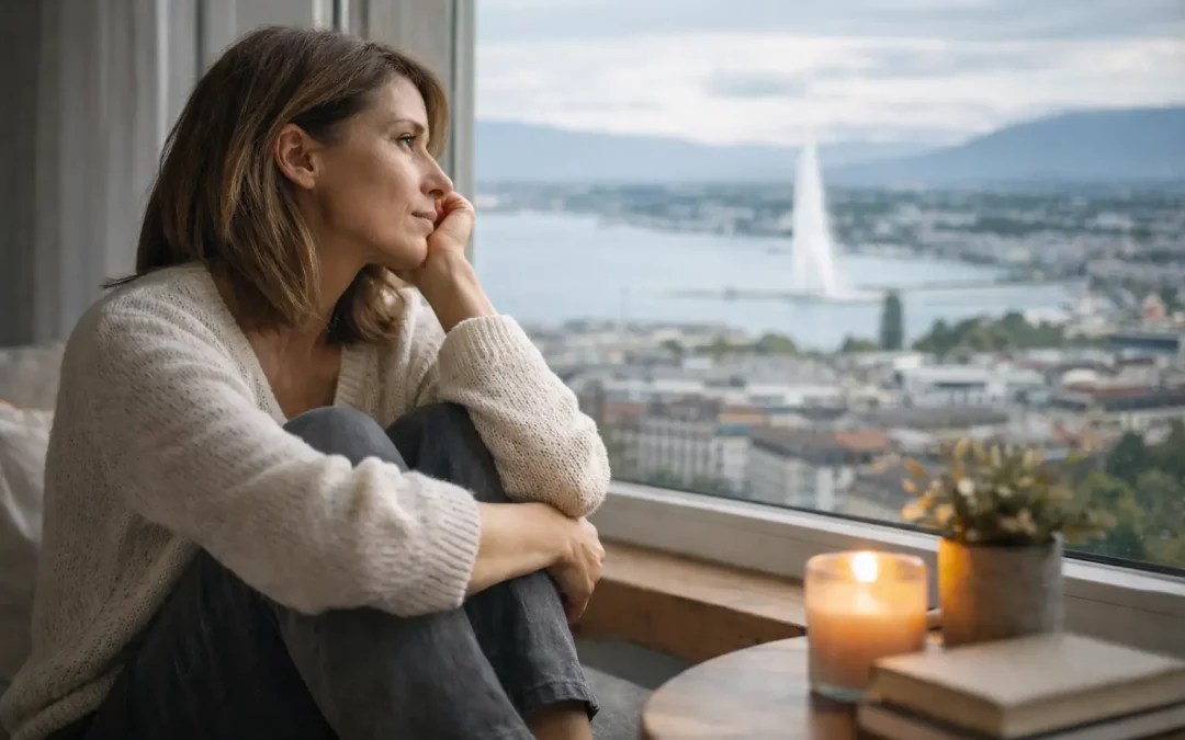Femme pensive regardant le Jet d’Eau à Genève, illustrant la fatigue persistante et la tension intérieure chez les femmes actives