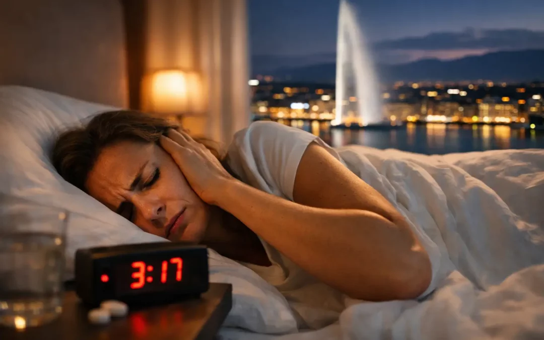 Femme réveillée la nuit avec fatigue et sommeil non réparateur à Genève, illustration des troubles du sommeil liés au stress et au cortisol.
